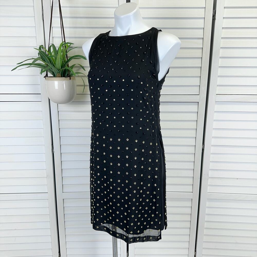 Diane Von Furstenberg Black Silk Ella Dress Chiffon Shift Stud Rhinestone Size 2
